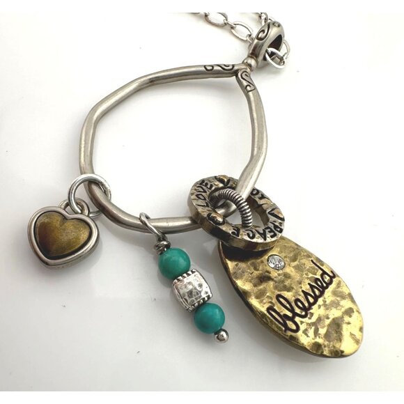 Brighton *BLESSED* Charm Necklace - Joy * Peace * Love w Hearts, Turquoise Beads - Picture 1 of 13